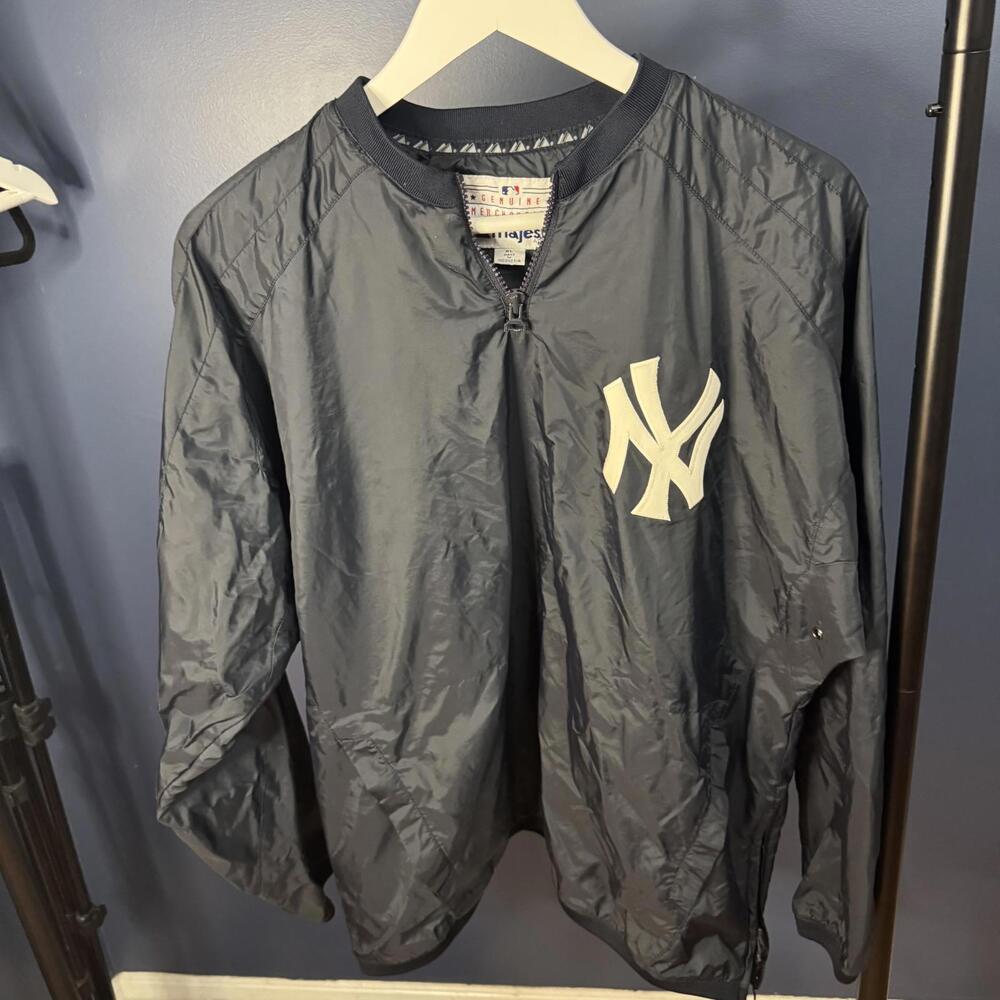 Vintage Majestic New York Yankees Windbreaker Navy Nylon Jacket Women XL